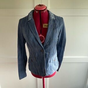 Blue Anthropologie blazer like new. Button front with pockets and embroidery